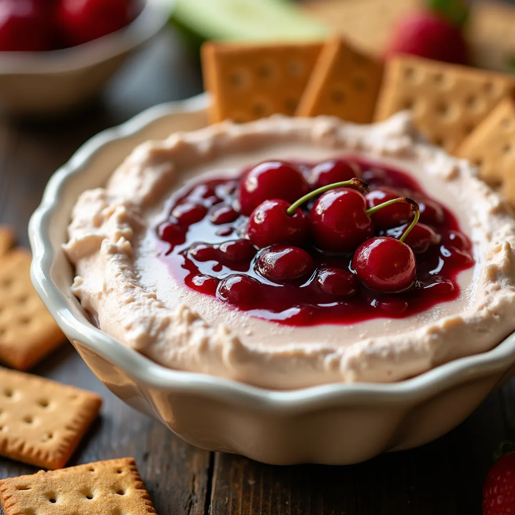 Cherry Cheesecake Dip with graham cracker crumbs and fresh cherries on top, served in a bowl