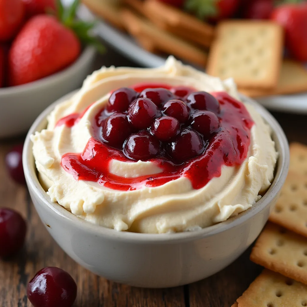 Cherry Cheesecake Dip in a bowl with graham cracker crumbs and fresh cherries on top.
