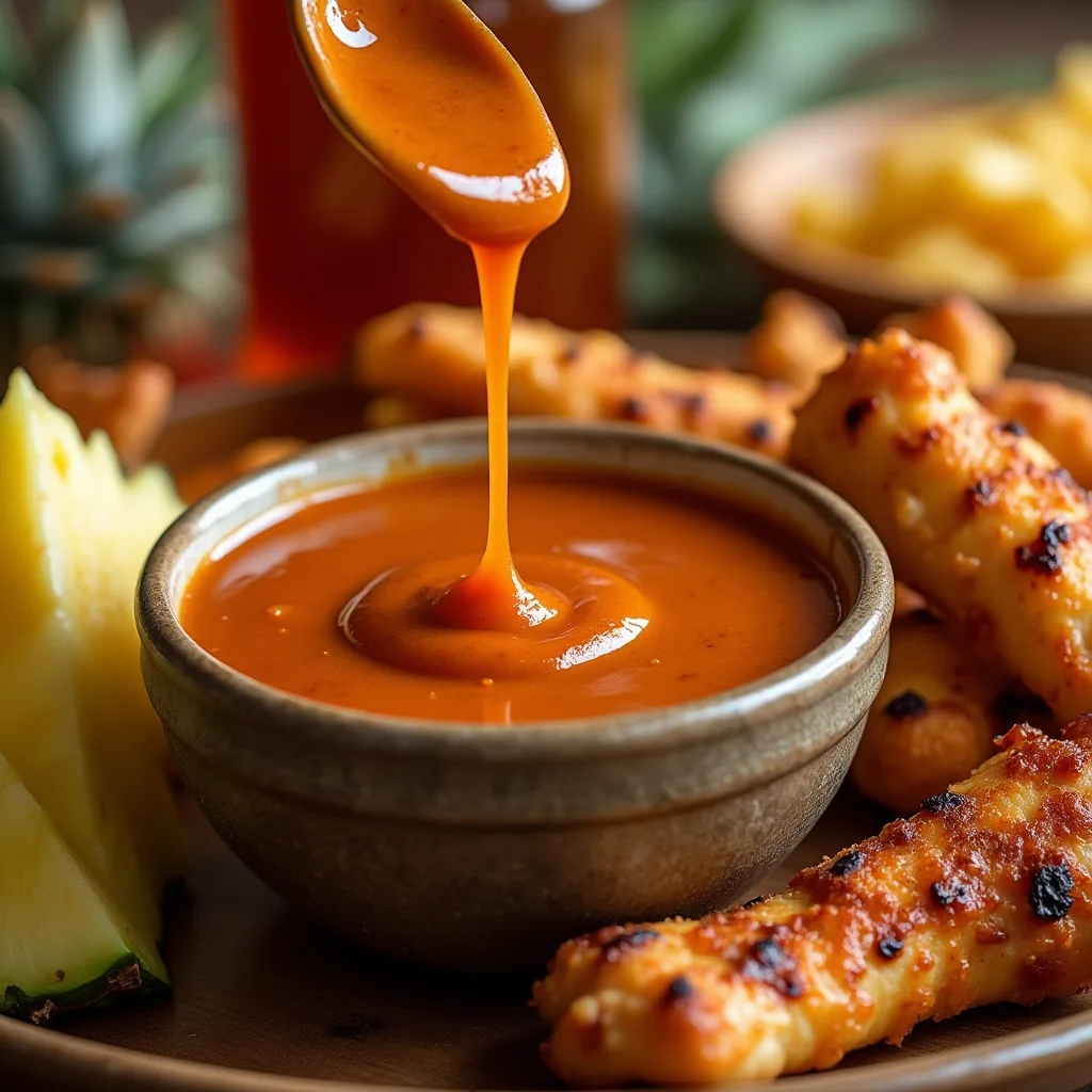 A small bowl of tangy and sweet Polynesian sauce, garnished with a slice of pineapple and a sprig of mint, ready to be served with grilled meats or appetizers.