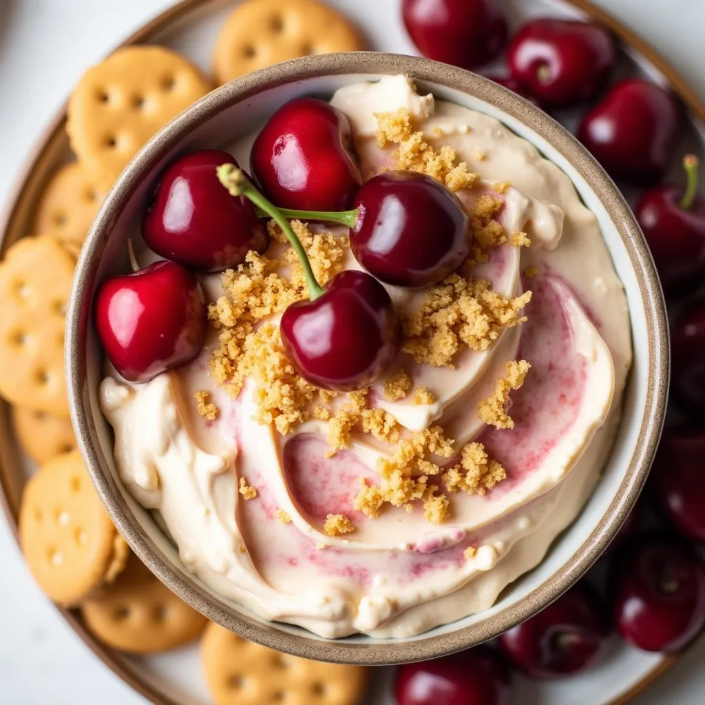 Cherry Cheesecake Dip served in a bowl with graham cracker crumbs and fresh cherries on top.