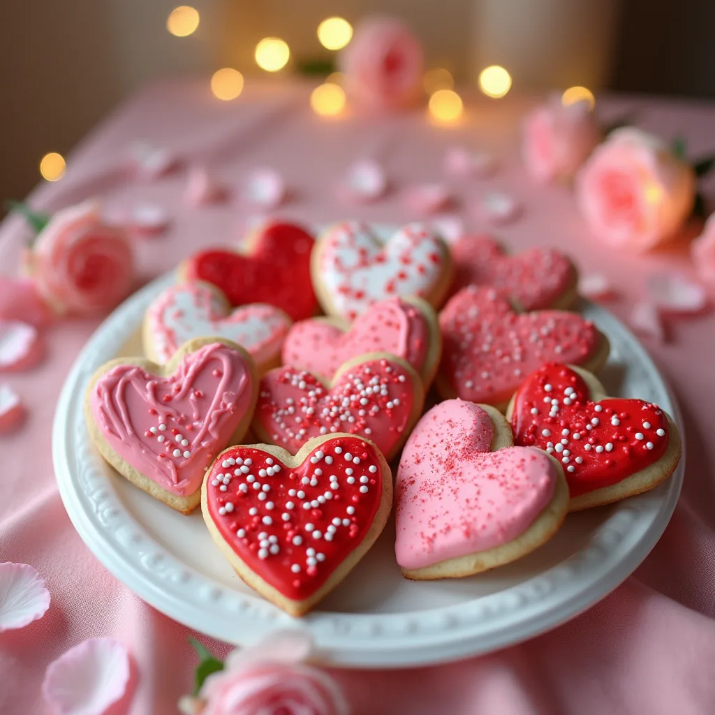 Heart-shaped Valentine’s cookies decorated with pink icing and sprinkles, arranged on a white plate.