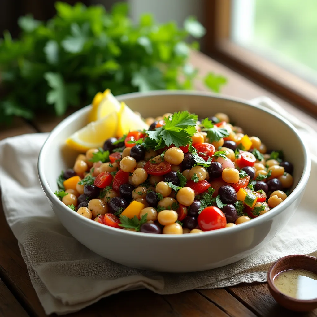 A bowl of colorful dense bean salad with a side of freshly sliced sandwich bread on a wooden table.