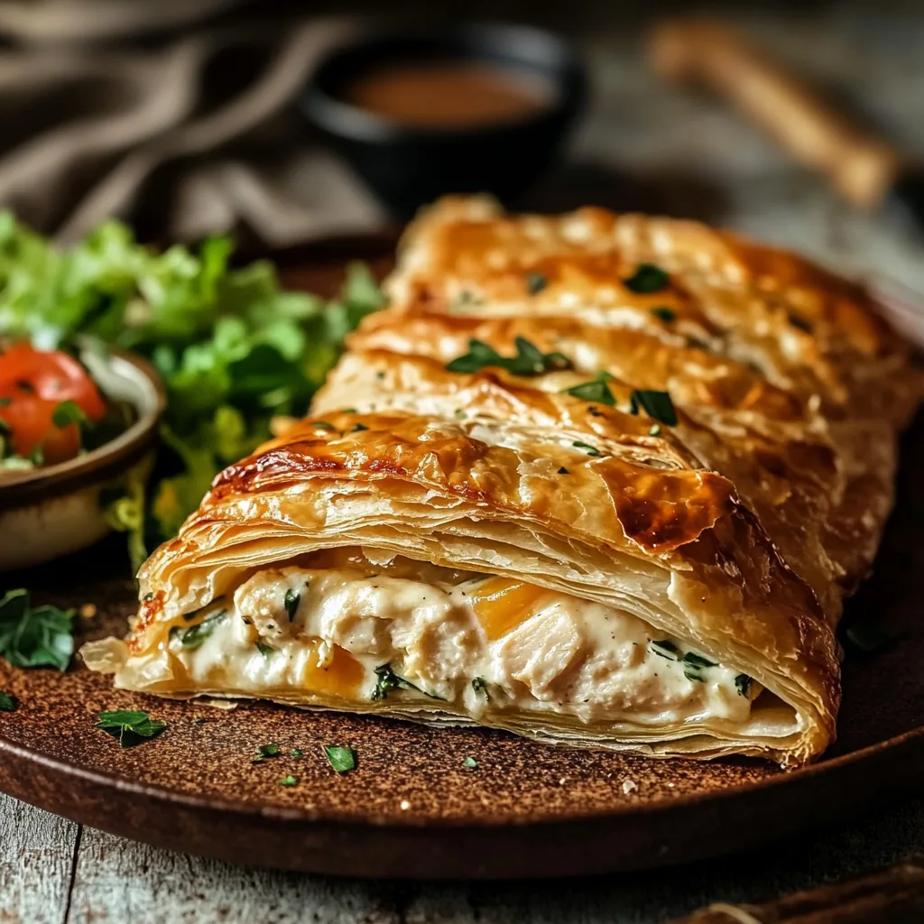 Finished chicken and cheese jalouise pastry, golden and flaky, ready to be served.