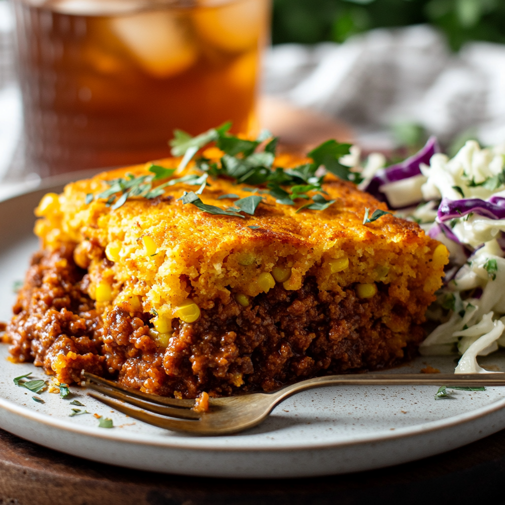A slice of Sloppy Joe Cornbread Casserole on a plate, showing layers of savory beef, tangy tomato sauce, and a golden, fluffy cornbread topping.