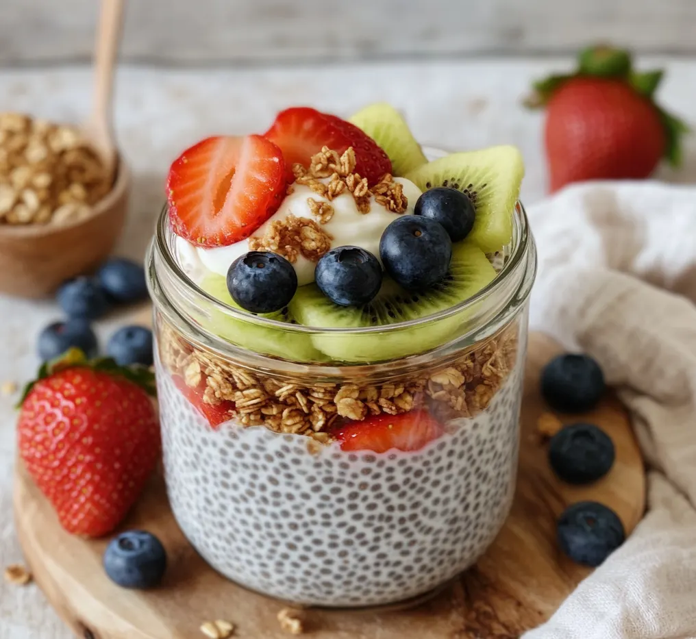 A glass jar filled with creamy chia pudding, layered with fresh fruit slices like strawberries and kiwi, topped with granola and a drizzle of honey, placed on a rustic wooden table.