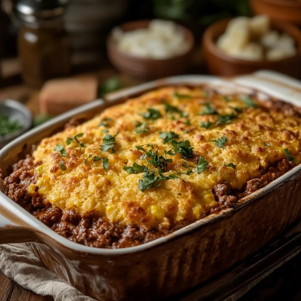 A hearty Sloppy Joe Cornbread Casserole, featuring layers of savory ground beef, tomato sauce, and a golden, fluffy cornbread topping.