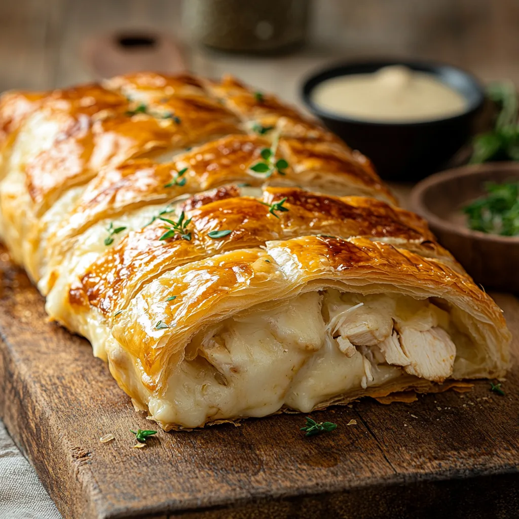 Golden, flaky chicken and cheese jalouise pastry served on a plate with fresh herbs.