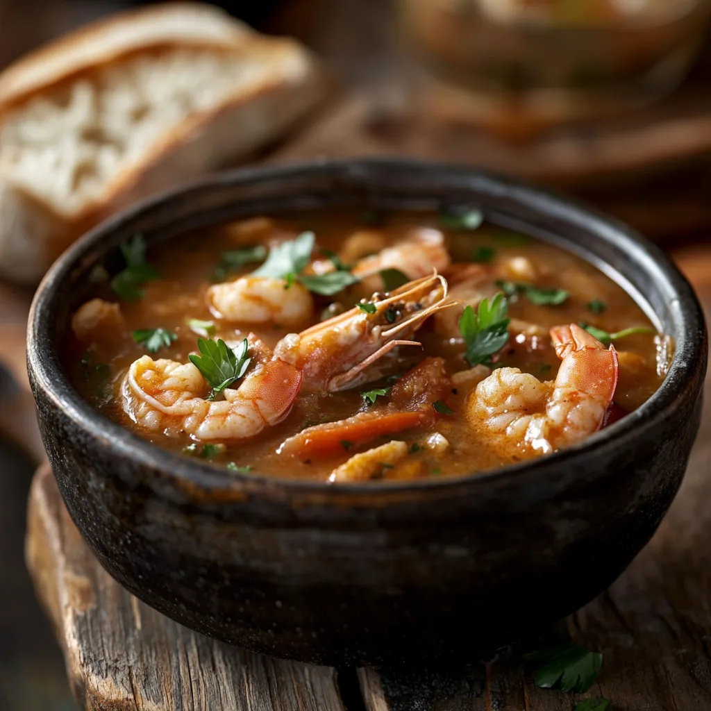 A hearty, comforting bowl of seafood gumbo made with shrimp, crab, and a blend of spices, perfect for any occasion.