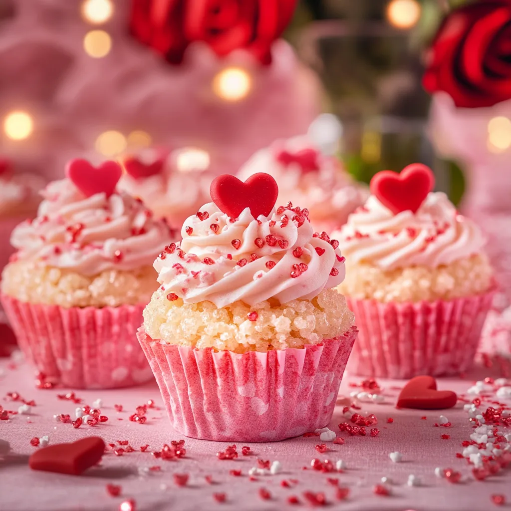 Close-up of heart-shaped Rice Krispie treat cupcakes decorated with pink icing, sprinkles, and a small candy heart on top, perfect for Valentine’s Day.