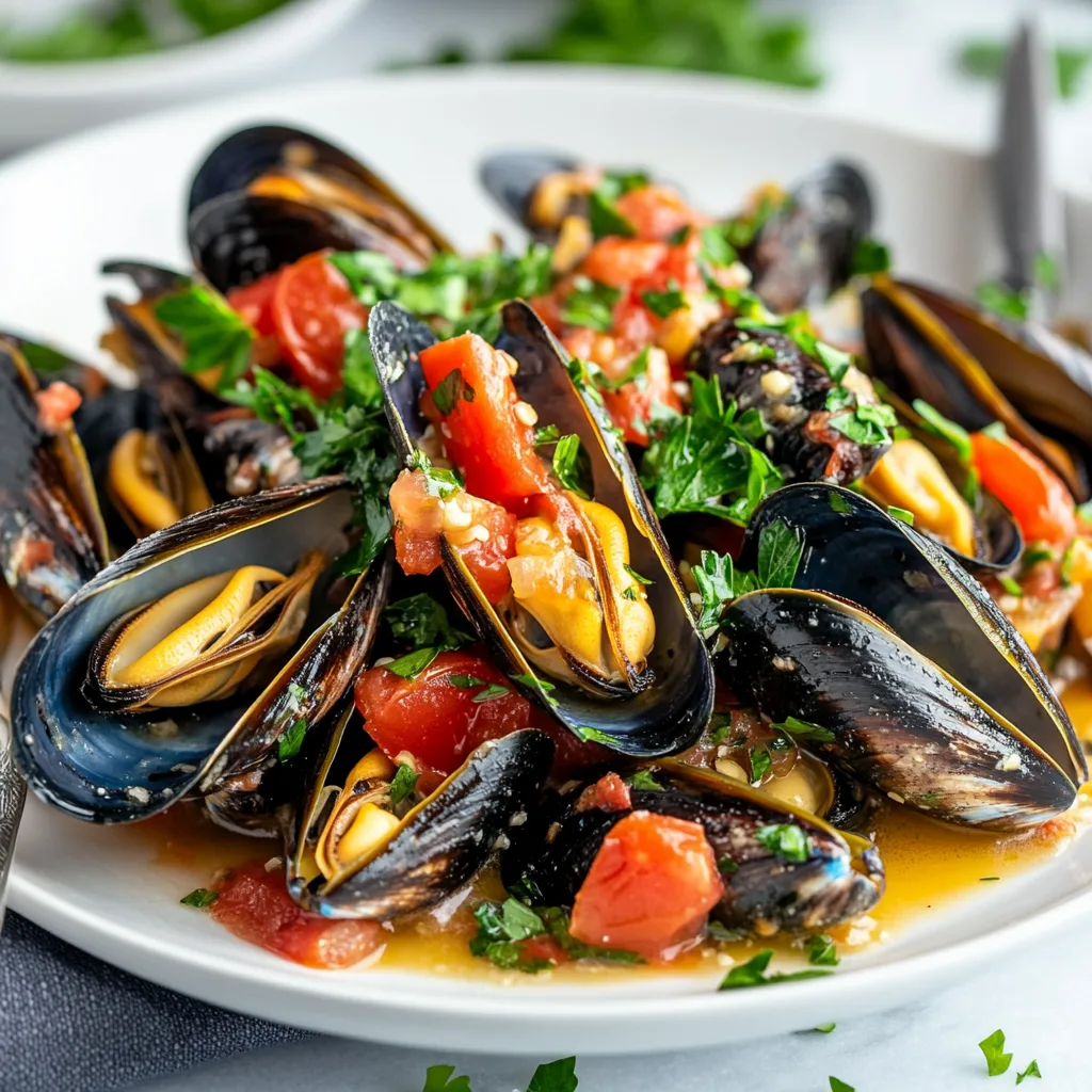 A plate of mussels cooked in a savory tomato and garlic sauce, garnished with fresh herbs, ready to serve.