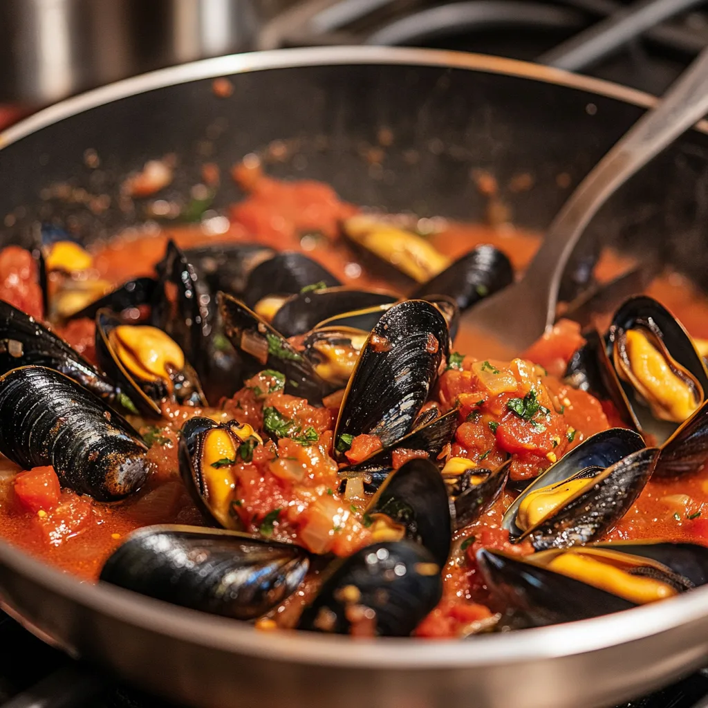 A step-by-step guide for preparing Mussels with Tomatoes & Garlic, featuring mussels in a pan with tomatoes, garlic, and fresh herbs.