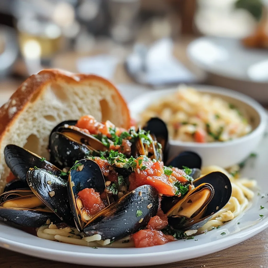 A beautifully plated dish of Mussels with Tomatoes & Garlic, served with a side of crusty bread and a sprinkle of fresh parsley.
