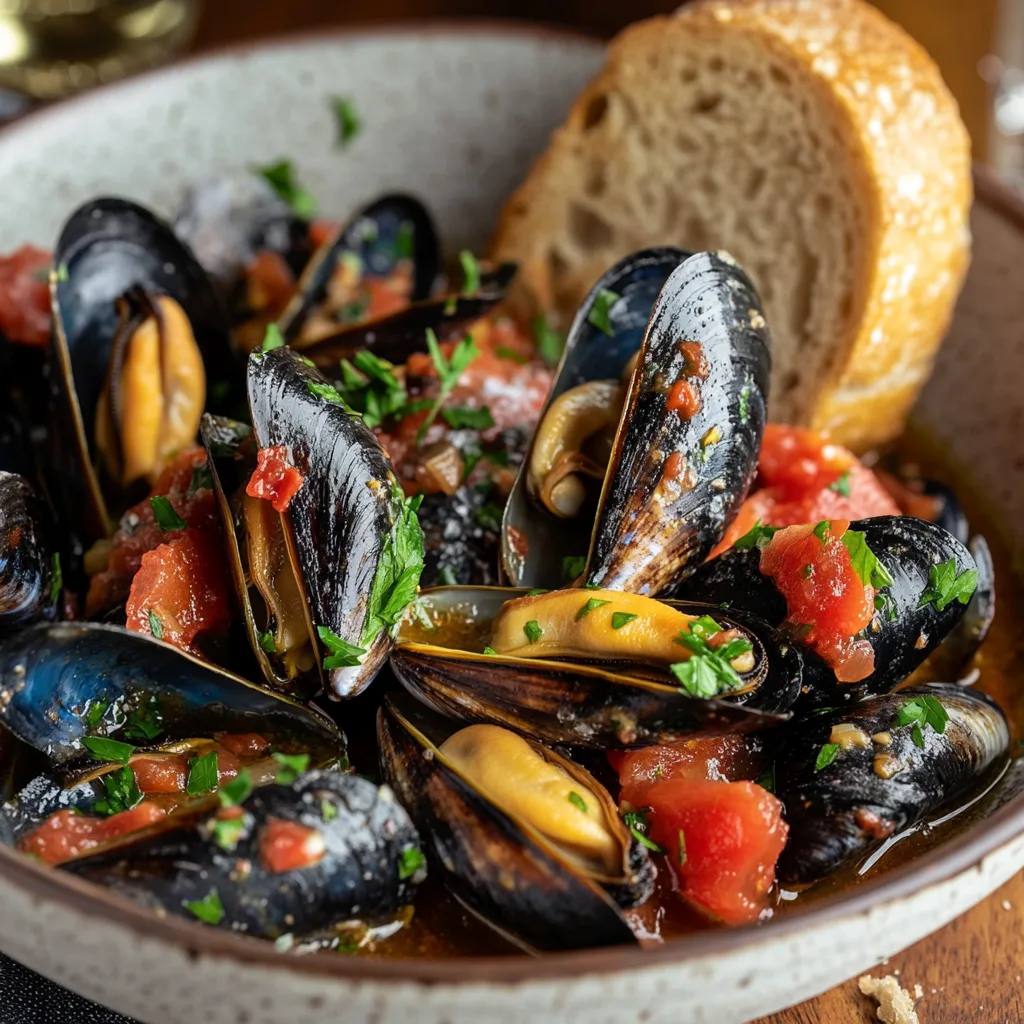 Mussels cooked in a simple, savory tomato and garlic sauce, garnished with fresh herbs, served in a bowl.