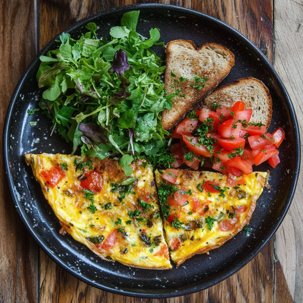 Plated frittata served with a side of fresh salad and crispy toast, garnished with herbs.