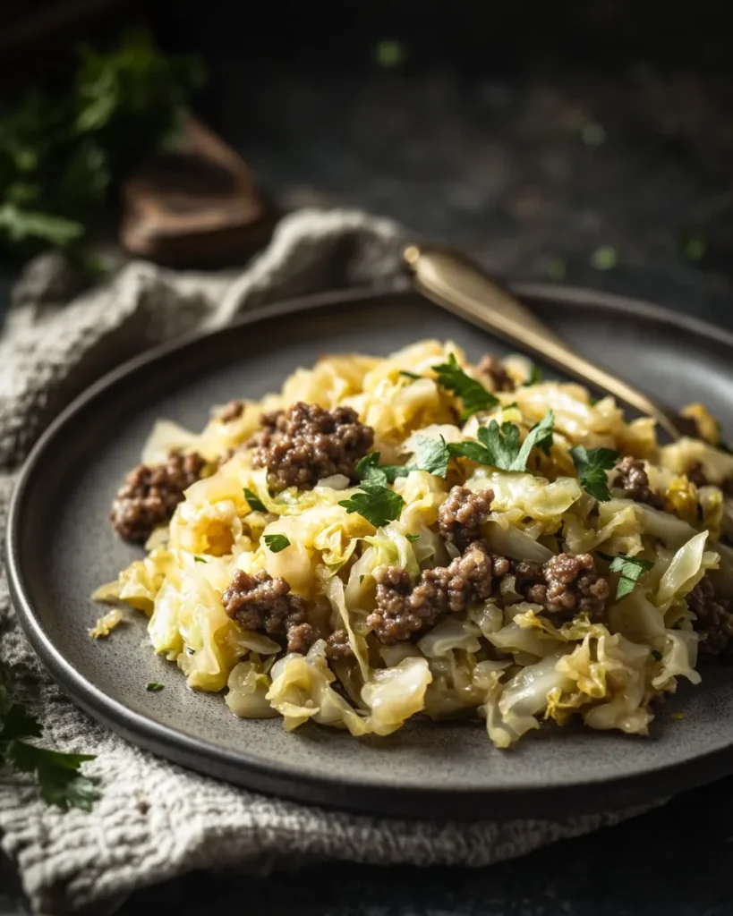 Key benefits of hamburger-cabbage displayed visually, highlighting its simplicity, low-carb nature, one-pan method, and budget-friendly ingredients.