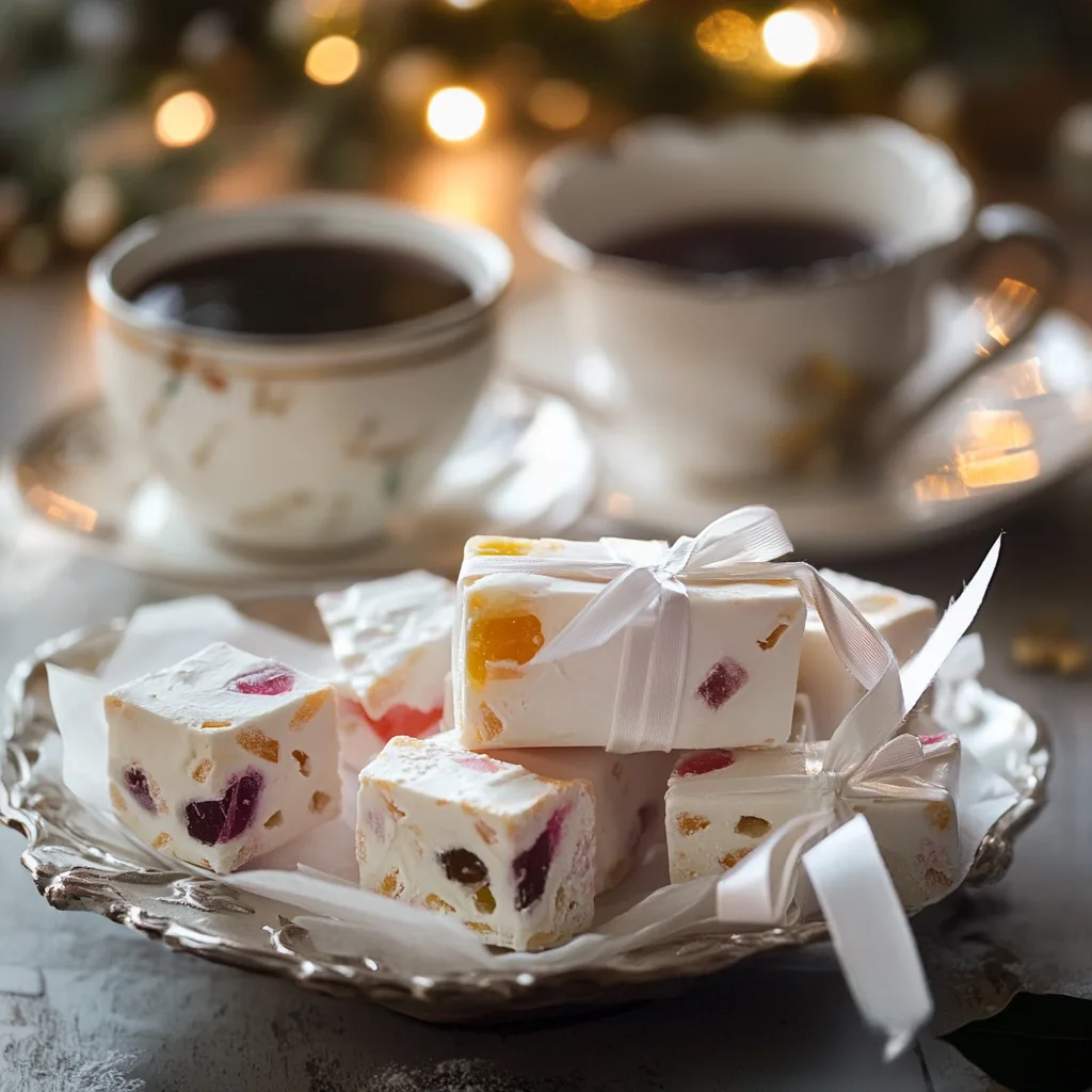 Plate of nostalgic jelly nougat candy delights, elegantly arranged with colorful wrappers and a cup of tea on the side, ready to be served.