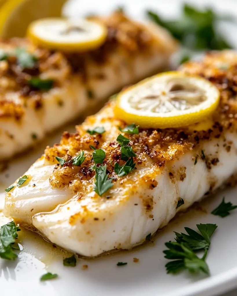 Grilled pollock fillet with fresh lemon slices and herbs, served on a white plate.