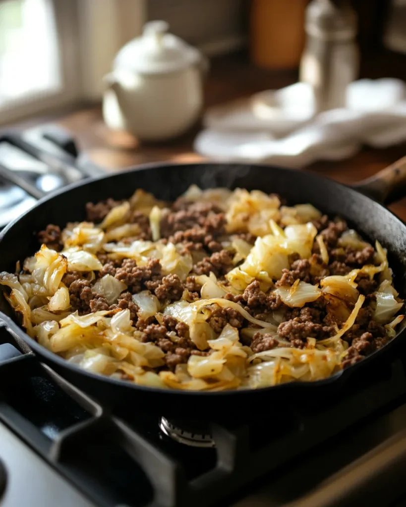 Step-by-step images showing the cooking process of hamburger-cabbage, from browning ground beef to adding cabbage and finishing the skillet meal.
