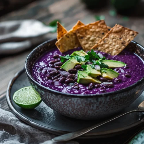 Purple Black Bean Soup served in a rustic bowl with avocado, lime, and fresh cilantro on top
