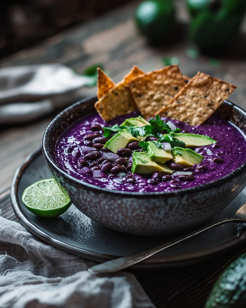 Purple Black Bean Soup served in a rustic bowl with avocado, lime, and fresh cilantro on top