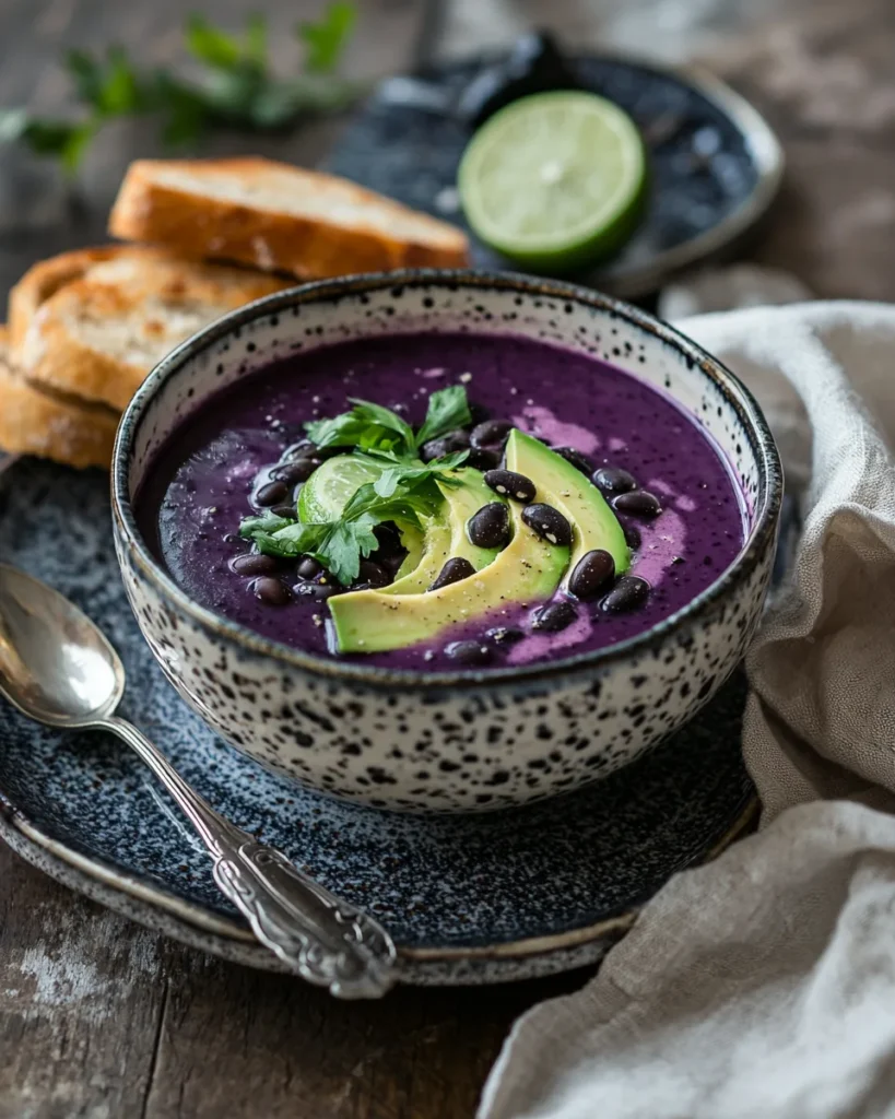 Purple black bean soup topped with avocado and lime, served with bread and tortilla chips on the side