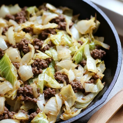 A skillet filled with hamburger-cabbage — tender green cabbage and browned ground beef cooked with onions in a savory one-pan dish.
