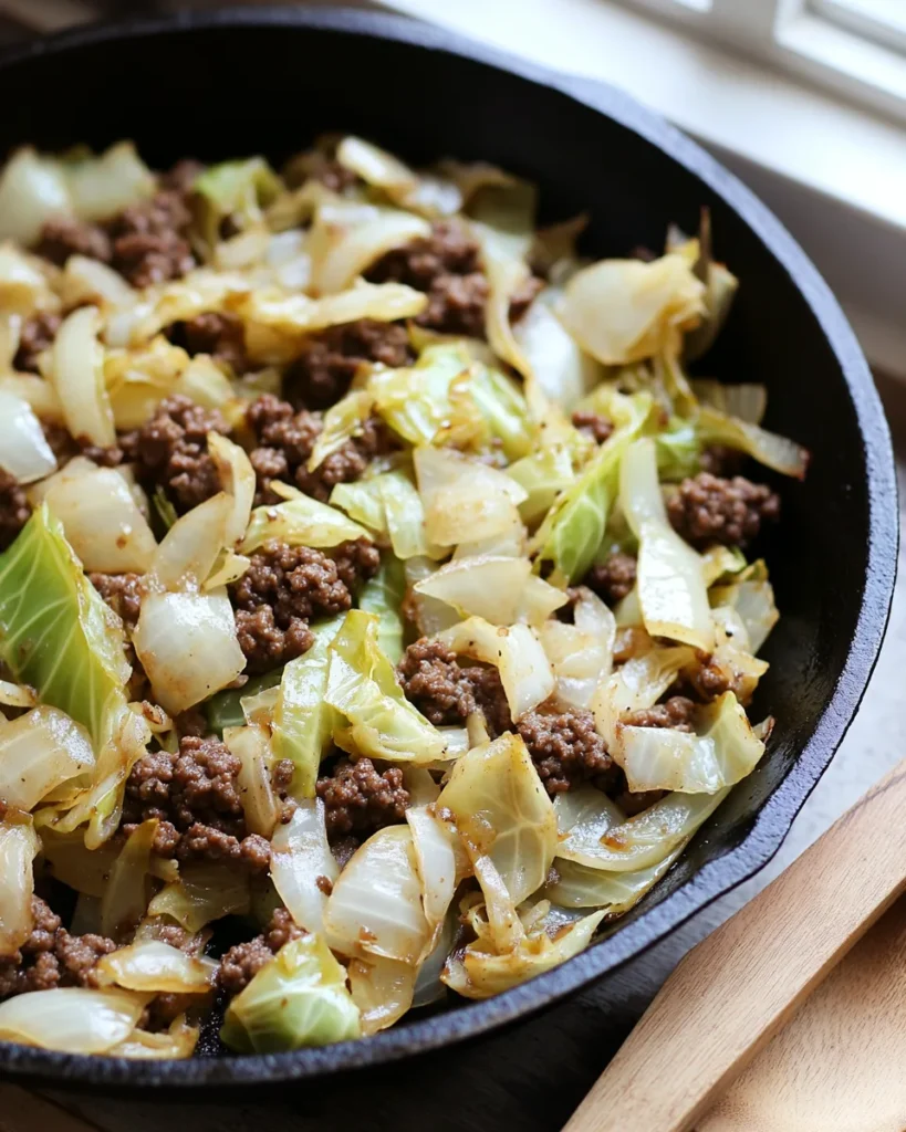 A skillet filled with hamburger-cabbage — tender green cabbage and browned ground beef cooked with onions in a savory one-pan dish.