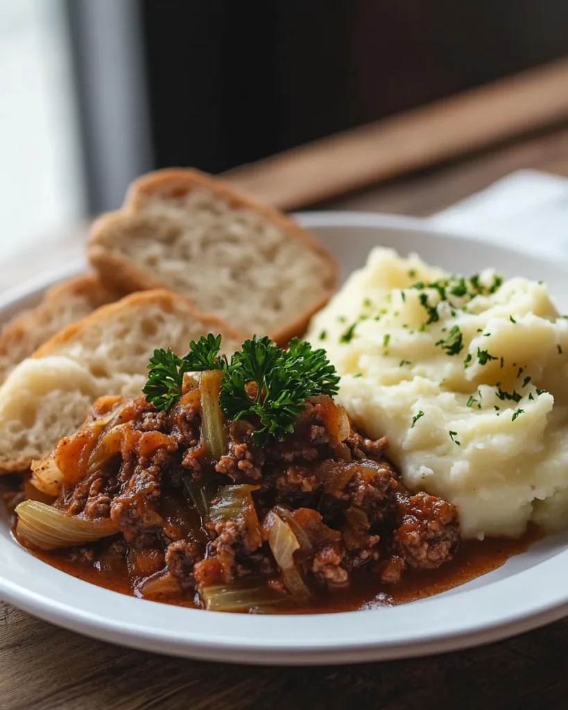 A plated serving of hamburger-cabbage with sides like mashed potatoes and bread, styled for a comforting weeknight meal.
