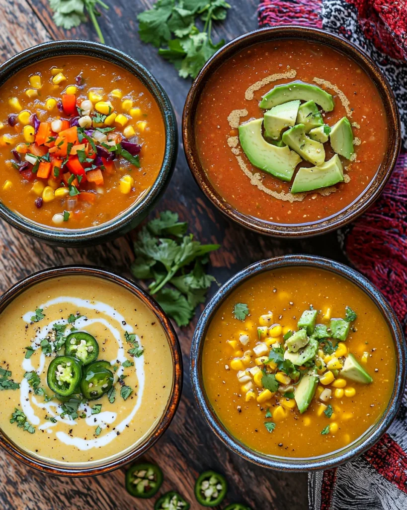 Three versions of purple black bean soup in bowls: one with corn, one blended, and one with sweet potatoes