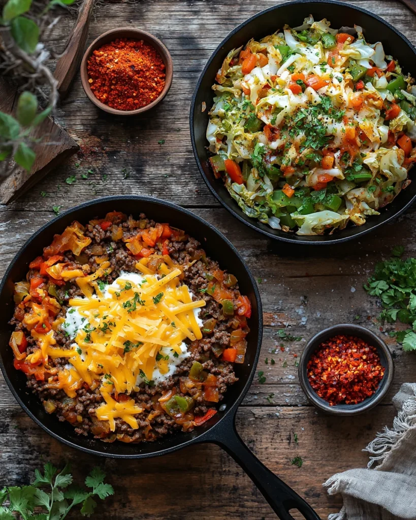 Different variations of hamburger-cabbage shown in one image, including versions with cheese, added vegetables, and spicy seasoning.