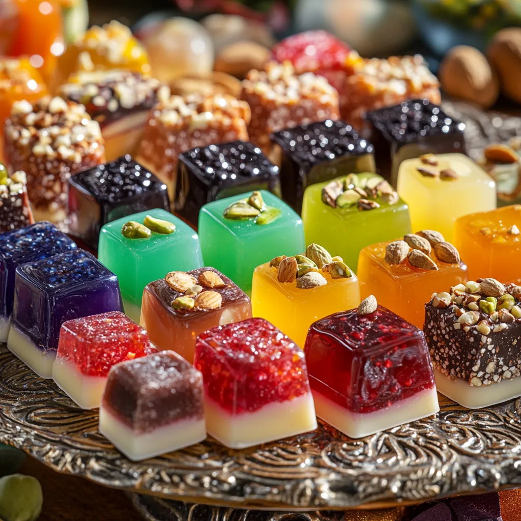 Variety of nostalgic jelly nougat candy delights with different jelly flavors and nut variations, showcasing colorful layers and rich chocolate coatings.
