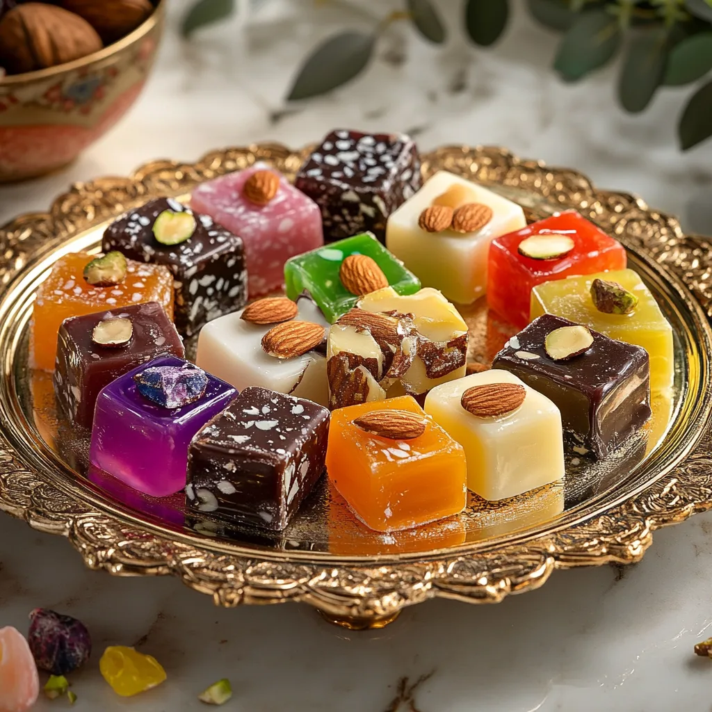 Close-up of nostalgic jelly nougat candy delights with chewy nougat, vibrant jelly layers, and a rich chocolate coating, arranged on a rustic wooden surface.