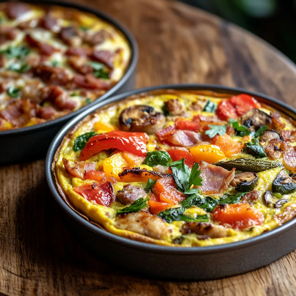 Two variations of a frittata, one with colorful vegetables and the other with bacon and sausage, showcasing the versatility of the recipe.