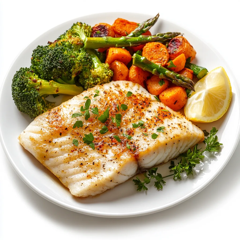 Pollock fillet garnished with fresh lemon slices and herbs, served with roasted vegetables.