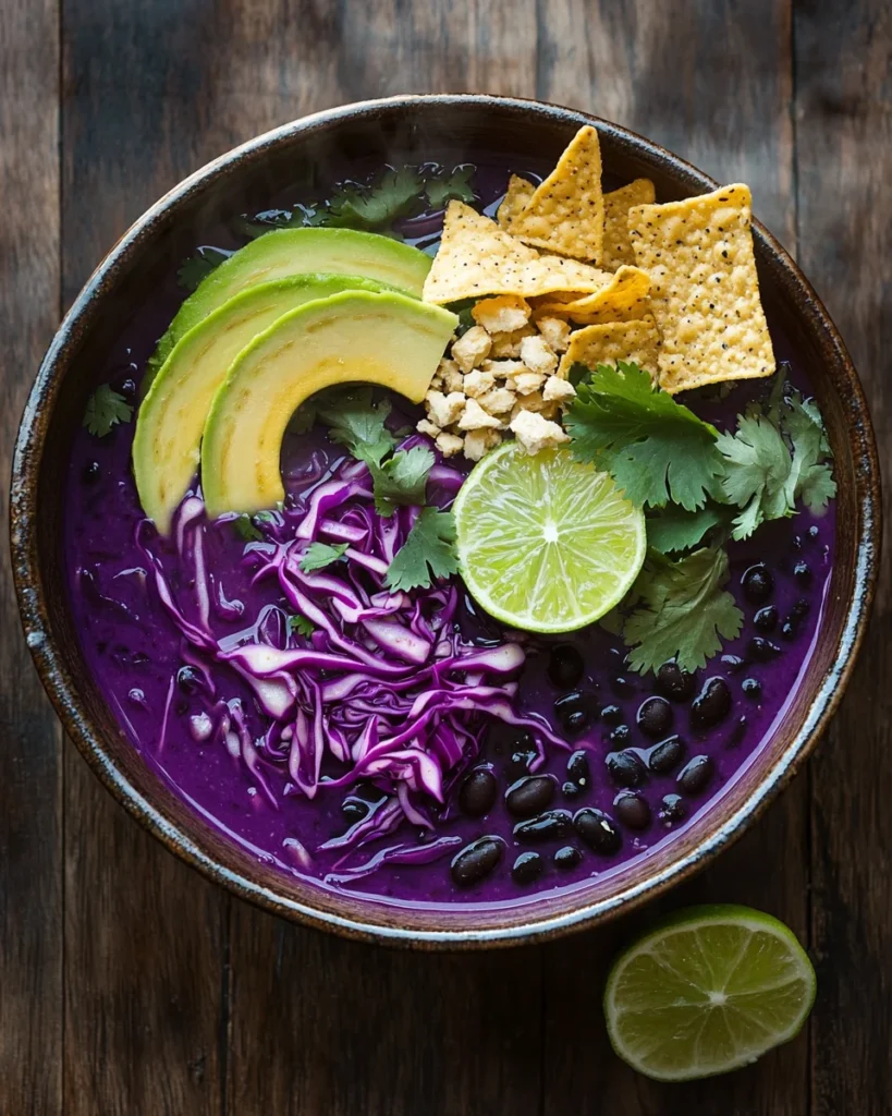 Bowl of purple black bean soup surrounded by cards showing benefits like vegan, high fiber, and gluten-free
