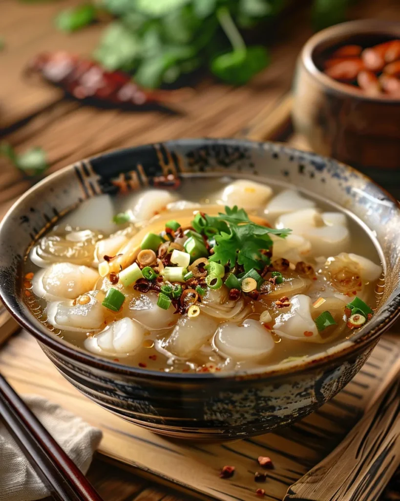 A steaming bowl of Fish Maw Soup with callout labels highlighting its key health benefits, including collagen for skin, protein for muscle, and Chinese herbs for wellness.