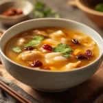 A bowl of Fish Maw Soup with tender fish maw, mushrooms, and herbs in a clear, savory broth.