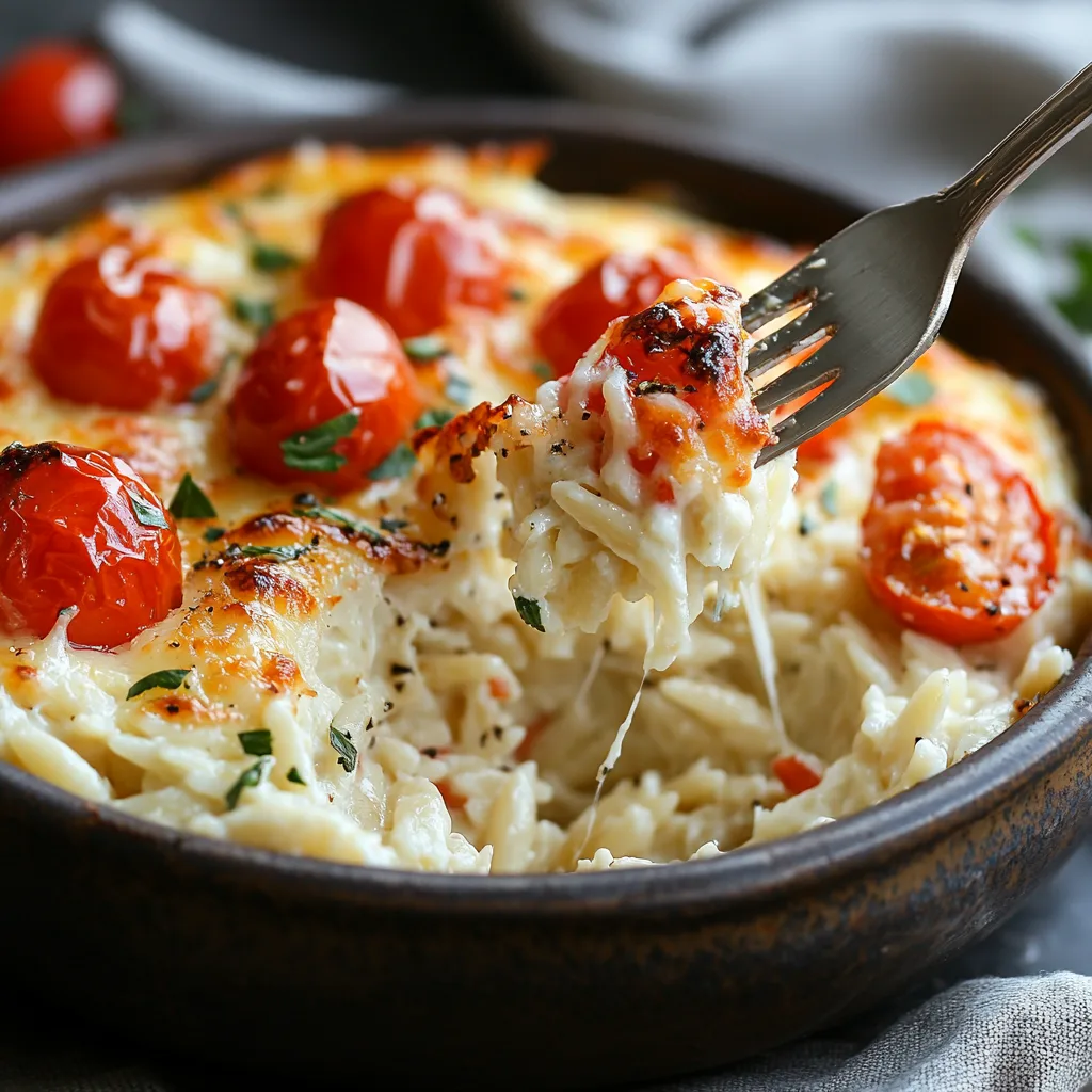 A creamy Boursin orzo bake with cherry tomatoes in a rustic baking dish, garnished with fresh basil. The golden-brown cheese bubbles on top, with a serving spoon ready.