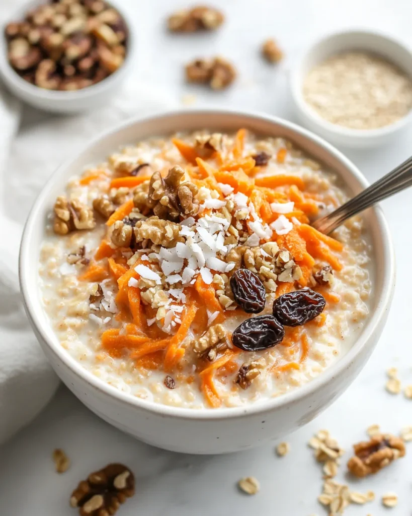 A bowl of carrot cake-inspired n’oatmeal topped with walnuts, coconut flakes, and hemp seeds, served with creamy milk. A spoon is partially submerged, and small bowls of walnuts and hemp seeds are visible in the background.