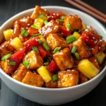 Golden crispy tofu cubes coated in a tangy, vibrant sweet and sour sauce, garnished with bell peppers and pineapple.