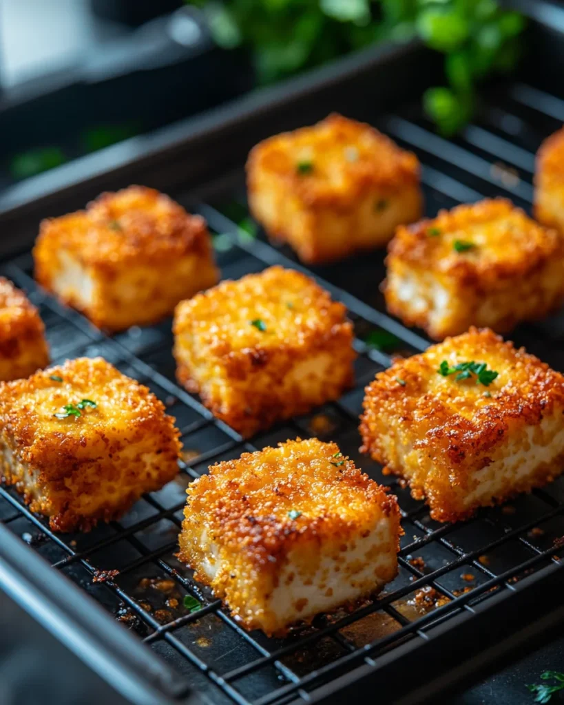 Golden, crispy tofu cubes on a cooling rack, ready to be coated in sweet and sour sauce.