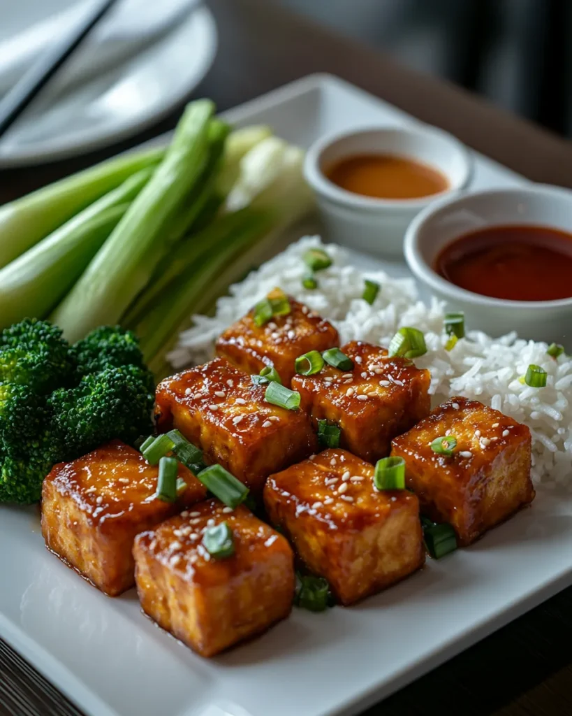 Serving suggestion for sweet and sour tofu with jasmine rice and fresh green onion garnish.