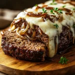 Juicy French Onion Meatloaf sliced and topped with golden caramelized onions and melted cheese on a rustic wooden cutting board.
