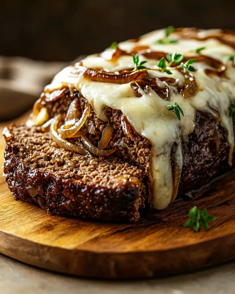 Juicy French Onion Meatloaf sliced and topped with golden caramelized onions and melted cheese on a rustic wooden cutting board.