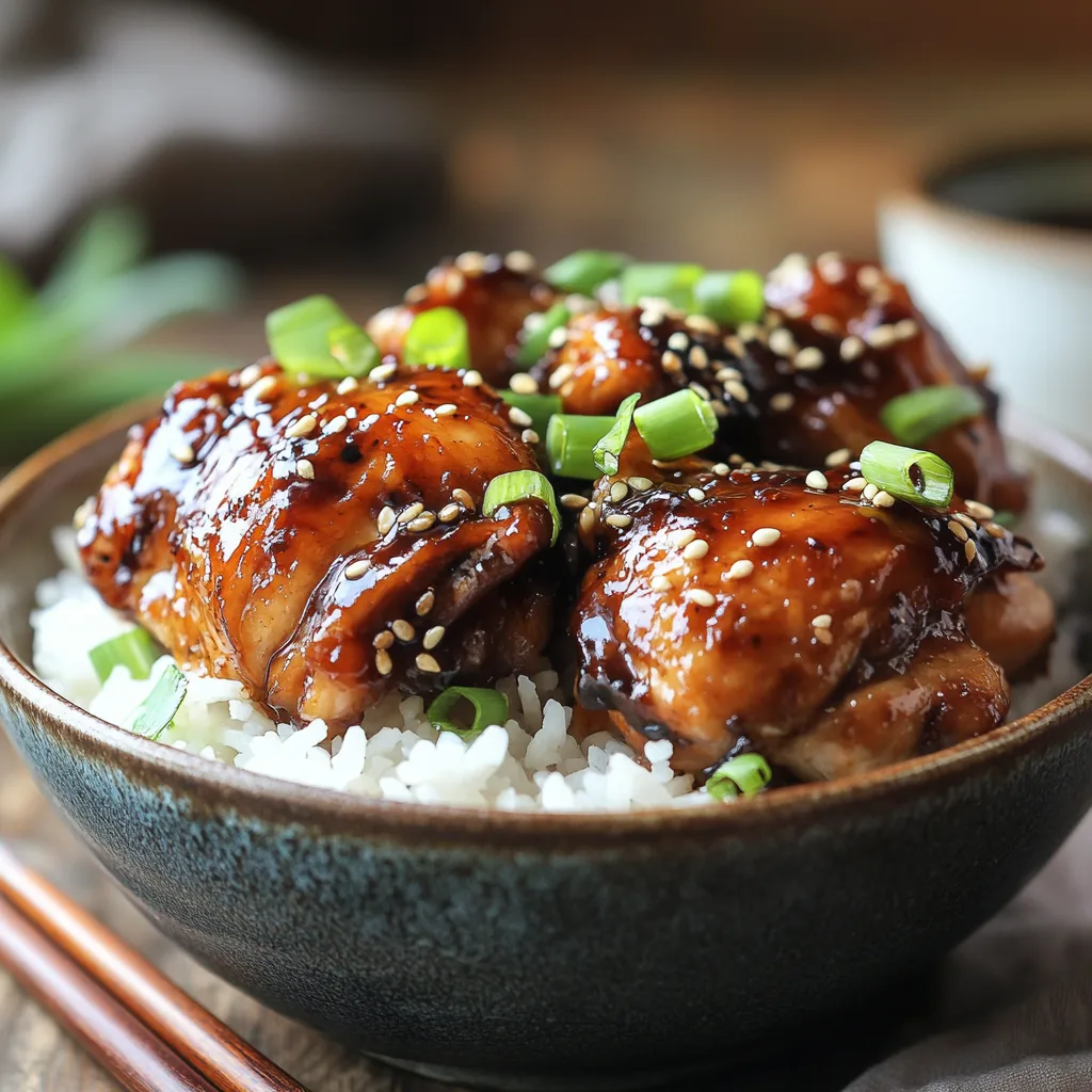 Shoyu Chicken Treasure featuring glazed chicken thighs in a rich soy sauce, garnished with green onions and sesame seeds on a plate with steamed rice.