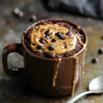 Close-up of a steaming mug cake topped with whipped cream and chocolate chips, served in a cozy kitchen setting.