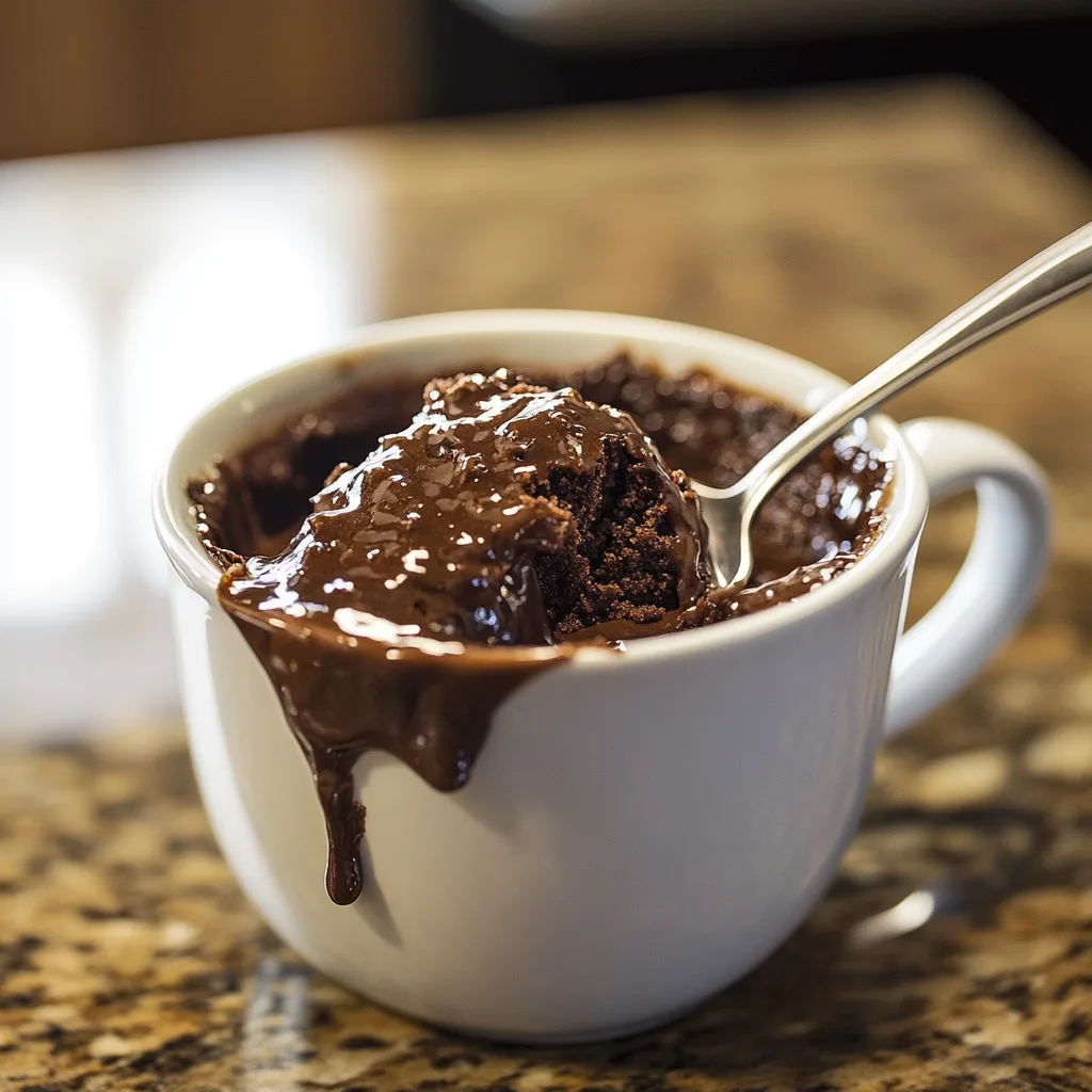 A warm, freshly made mug cake in 5 minutes topped with whipped cream and chocolate drizzle in a microwave-safe mug