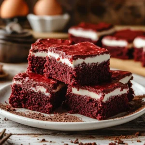 Freshly sliced Red Velvet Brownies with a fudgy texture and vibrant red color, arranged on a white plate.