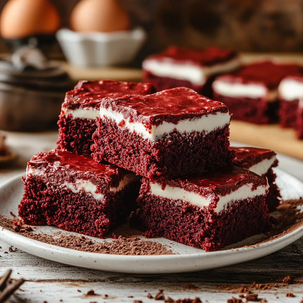 Freshly sliced Red Velvet Brownies with a fudgy texture and vibrant red color, arranged on a white plate.
