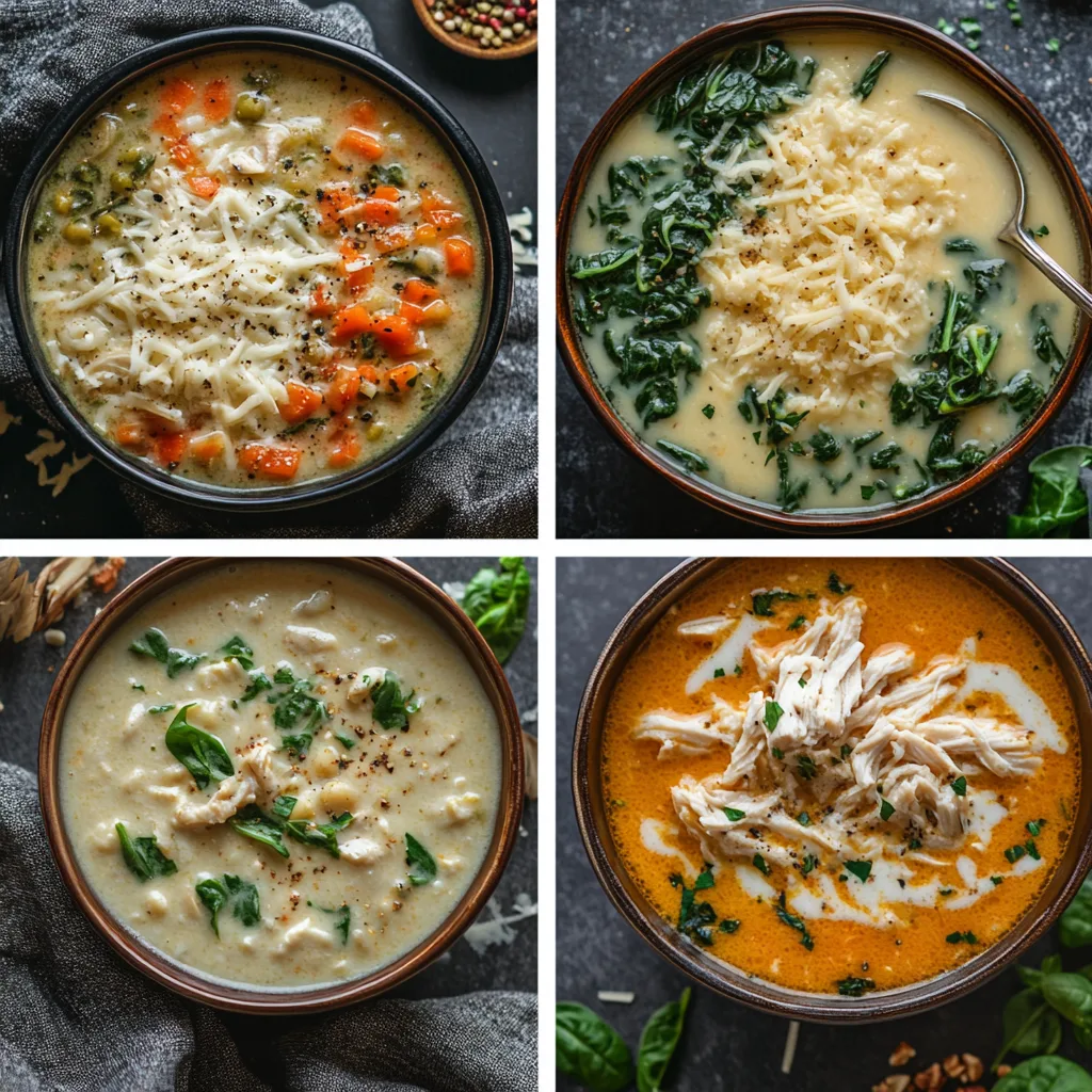 Different variations of Italian Pastina Soup displayed with added chicken, vegetables, creamy broth, and fresh herbs on a rustic kitchen table.